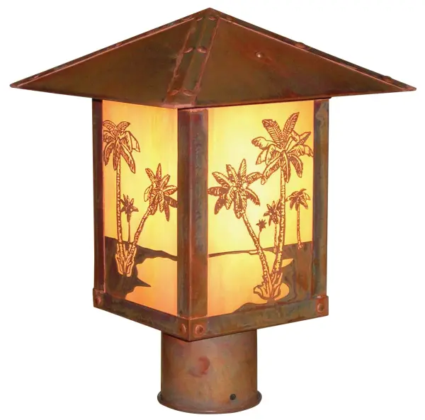 The Timber Ridge post mount combines artisan craftsmanship with coastal charm. Featuring intricate palm tree filigree overlay and warm copper finish, this 16" lantern brings tropical elegance to outdoor spaces.