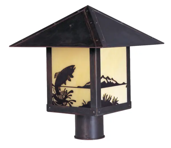 The Timber Ridge 9" post mount combines rustic charm with artisan craftsmanship, featuring a distinctive trout filigree overlay and warm tan glass. Perfect for outdoor spaces seeking character and wildlife-inspired design.