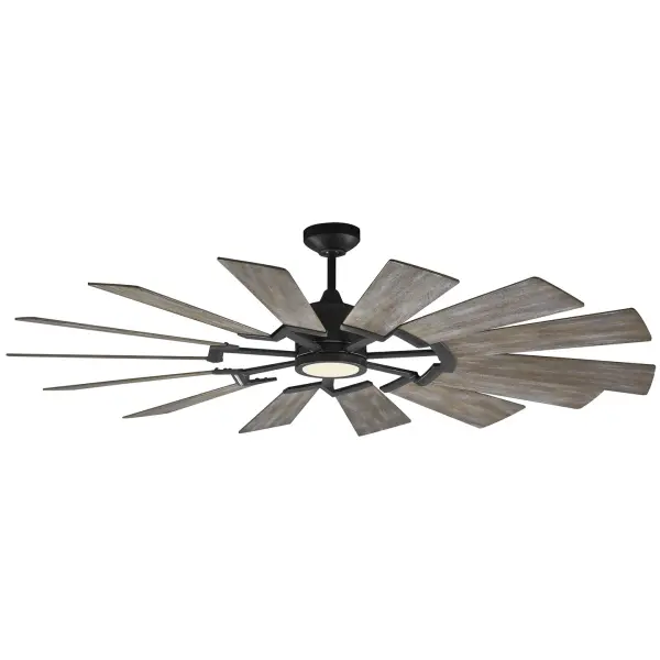 The Prairie 62" ceiling fan combines striking windmill-inspired aesthetics with powerful performance. Its 14 blades deliver 7,233 CFM airflow while the integrated LED downlight provides functional illumination. Perfect for large spaces.