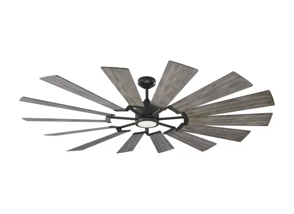 The Prairie 72" ceiling fan makes a bold statement with its 14-blade windmill design and impressive 7128 CFM airflow. The aged pewter finish paired with weathered oak blades creates a stunning farmhouse-industrial aesthetic perfect for grand rooms.