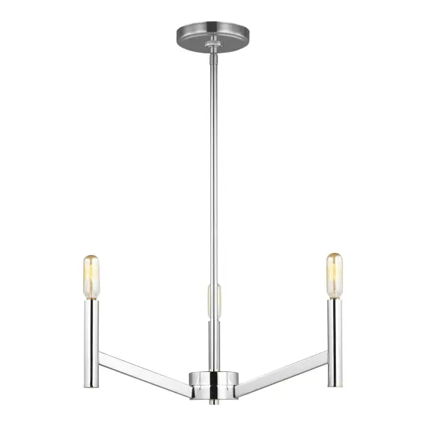 The Vector chandelier delivers industrial style in a compact 18-inch frame. Chrome finish and exposed Edison bulbs create visual interest while the small footprint works in tight spaces. ETL-listed for damp locations.