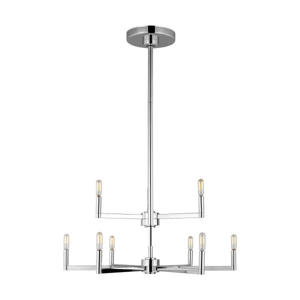 The Fullton chandelier combines minimalist aesthetics with architectural interest through its mix of rectangular and round frames. At 30 inches wide, it provides substantial presence while maintaining clean lines that complement various design styles.