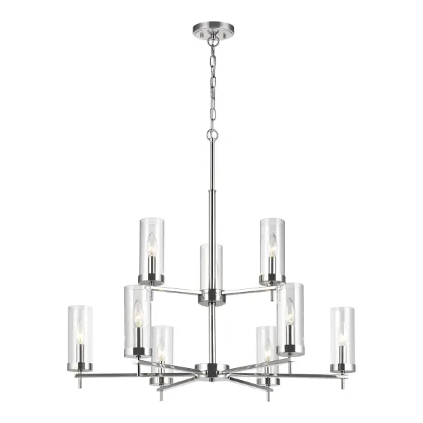 The Zire chandelier by Sean Lavin delivers contemporary elegance through minimalist design. Nine lights across multiple tiers provide excellent illumination while the chrome finish and clear glass create a refined, airy aesthetic.