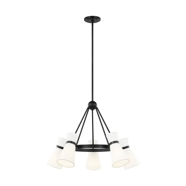 AERIN-designed five-light chandelier combining sleek midnight black steel with white glass shades. ENERGY STAR certified LED technology delivers warm 3000K light while saving energy. Clean lines and versatile scale work across traditional and contemporary spaces.