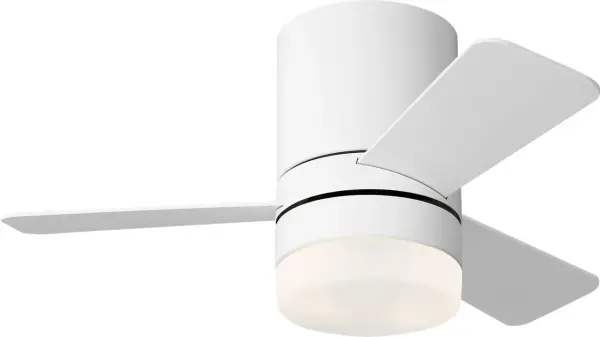 The Era 32" Hugger combines sleek contemporary design with practical functionality for small rooms and low ceilings. Its flush mount profile maximizes headroom while the integrated LED light kit provides energy-efficient illumination.