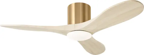 The Maverick Hugger combines modern minimalist design with smart functionality in a space-saving profile. Its burnished brass finish and washed white oak blades create sophisticated warmth while powerful LED lighting and airflow serve rooms up to medium size.