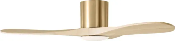 The Maverick Hugger combines modern minimalist design with smart functionality in a space-saving profile. Its burnished brass finish and washed white oak blades create sophisticated warmth while powerful LED lighting and airflow serve rooms up to medium size. - alternate view