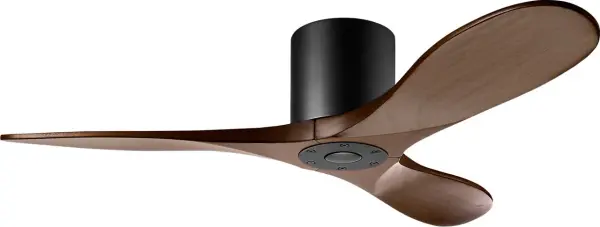 The Maverick Hugger combines modern minimalist design with powerful performance in a space-saving profile. Its matte black finish and dark walnut blades create sophisticated contrast while smart controls add convenience.
