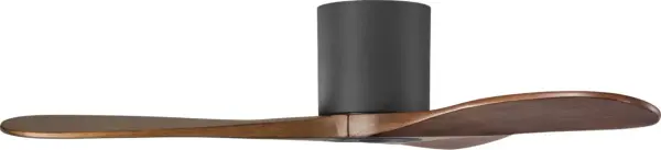The Maverick Hugger combines modern minimalist design with powerful performance in a space-saving profile. Its matte black finish and dark walnut blades create sophisticated contrast while smart controls add convenience. - alternate view