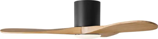 The Maverick Hugger combines modern minimalist design with powerful performance in a space-saving profile. Smart LED technology and natural honey wood blades add warmth to the matte black finish, making it ideal for contemporary spaces. - alternate view