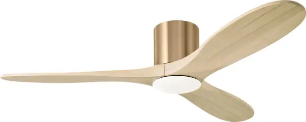 The Maverick Hugger combines modern minimalist design with powerful performance, perfect for rooms with lower ceilings. Smart LED technology and warm burnished brass finish with washed oak blades create a sophisticated look.
