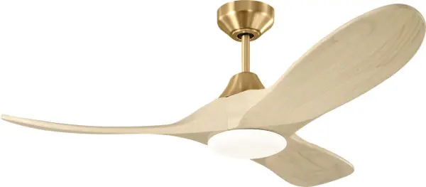 The Maverick Smart 44" combines artisanal craftsmanship with modern technology. Hand-carved balsa wood blades in washed white oak finish paired with burnished brass housing create a refined aesthetic. Energy-efficient DC motor operates quietly while smart controls offer convenience. Damp-rated for versatile indoor-outdoor use.