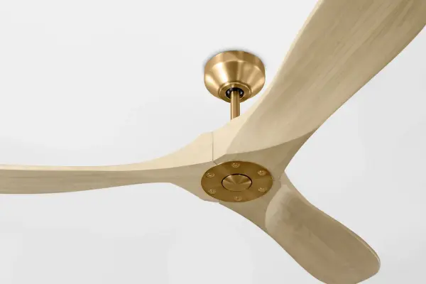 The Maverick Smart combines sophisticated burnished brass housing with natural washed white oak blades for a sculptural aesthetic. Smart home integration via Bond Home App works seamlessly with Alexa, Google Home, and SmartThings. - alternate view