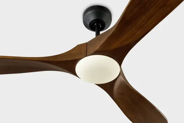 The Maverick Smart 60" combines artisanal craftsmanship with modern technology. Hand-carved balsa wood blades in dark walnut create organic visual interest, while the quiet DC motor delivers energy-efficient performance. - alternate view