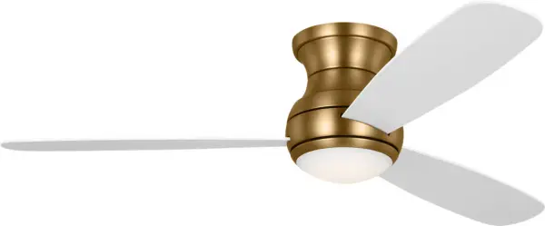 The Orbis 52" combines contemporary style with practical hugger design, making it ideal for spaces with low ceilings. The integrated LED light kit and satin brass finish add warmth and functionality.