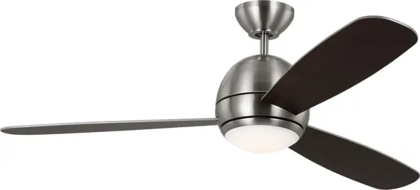 The Orbis combines contemporary styling with practical functionality, featuring a brushed steel finish, reversible silver and walnut blades, and integrated LED lighting for year-round comfort and ambiance.
