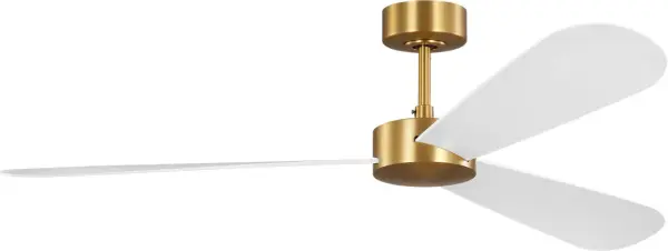 The Paddle Smart 60" by Barbara Barry combines sophisticated burnished brass finish with oar-shaped blades for a refined coastal aesthetic. Smart controls and damp-rating make it versatile for indoor or covered outdoor spaces.