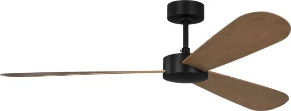 The Paddle Smart 60" fan by Barbara Barry combines nautical aesthetics with modern smart technology. Its oar-shaped oak blades and midnight black housing create a sophisticated look suitable for indoor or outdoor spaces.