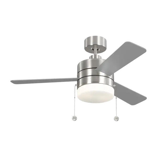 The Syrus combines contemporary styling with practical functionality, featuring reversible silver and walnut blades that adapt to your décor. The integrated LED light kit and brushed steel finish make it ideal for medium-sized spaces.