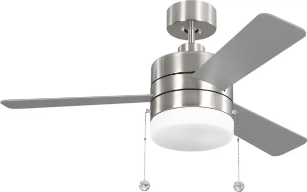 The Syrus combines contemporary styling with practical functionality, featuring reversible silver and walnut blades that adapt to your décor. The integrated LED light kit and brushed steel finish make it ideal for medium-sized spaces. - alternate view