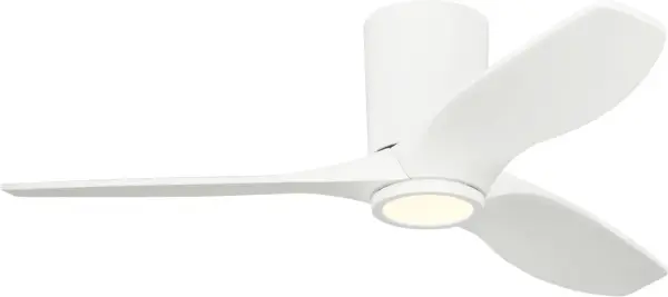 Marie Flanigan's Seyra combines modern minimalism with smart functionality in a low-profile design. The three-blade configuration with integrated LED lighting delivers efficient airflow and illumination for medium-sized spaces.