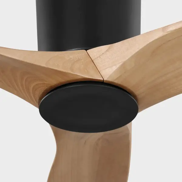 Marie Flanigan's Seyra combines clean modern lines with warm natural honey wood blades, creating a sophisticated low-profile fan perfect for rooms with standard ceiling heights. Smart controls and integrated LED lighting add convenience. - alternate view