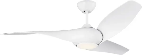 The Topan Smart 52" fan by Sean Lavin features three gracefully twisted blades creating a dynamic pinwheel effect. App-controlled with integrated LED lighting and damp-rated for versatile indoor/outdoor use. - alternate view