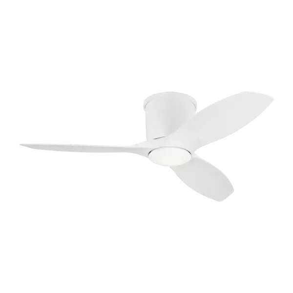 The Titus 44" Hugger combines efficient airflow with integrated LED lighting in a low-profile design perfect for rooms with lower ceilings. Its clean matte white finish and contemporary styling blend seamlessly into modern interiors.