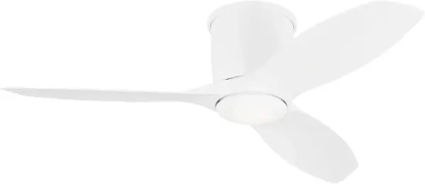 The Titus 44" Hugger combines efficient airflow with integrated LED lighting in a low-profile design perfect for rooms with lower ceilings. Its clean matte white finish and contemporary styling blend seamlessly into modern interiors. - alternate view