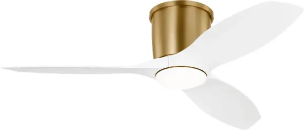 The Titus 44" Hugger combines contemporary style with practical functionality. Its flush-mount design makes it ideal for rooms with lower ceilings, while the integrated LED light kit and satin brass finish add warmth and sophistication.