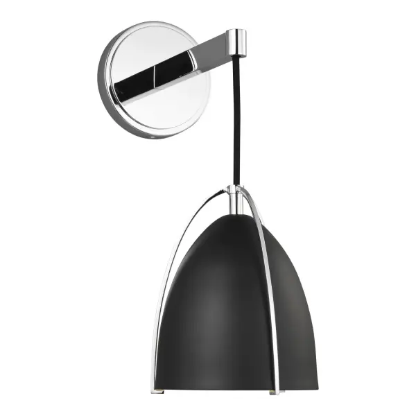 The Norman wall sconce combines polished chrome with a striking midnight black glass shade for a bold contemporary look. Its compact 6-inch width makes it ideal for flanking mirrors or tight spaces while delivering shadow-free illumination.