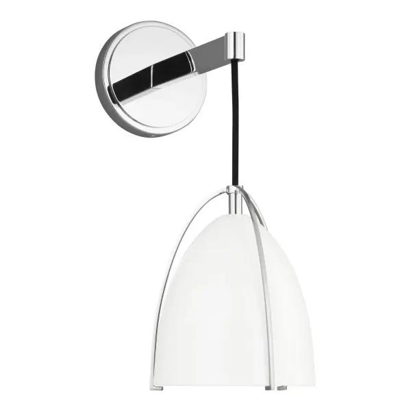 The Norman wall sconce delivers efficient LED lighting in a sleek chrome finish with matte white glass. Its compact 6-inch width makes it ideal for bathrooms and hallways where space is limited. ENERGY STAR qualified for long-term savings.