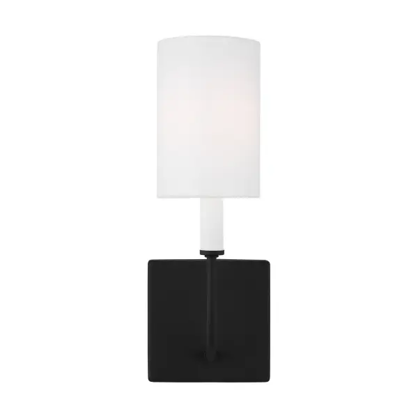 The Greenwich vanity light delivers understated sophistication with its open J-arm frame and soft curves. The Midnight Black finish paired with white linen glass creates a striking contrast perfect for contemporary spaces.