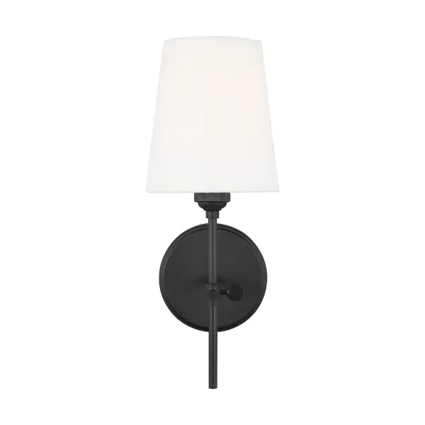 The Baker sconce by Thomas O'Brien combines architectural form with practical function. Its cube-shaped frame and curved arms create visual interest while the white linen glass provides even, flattering light ideal for vanity applications.