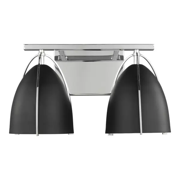 The Norman two-light vanity fixture combines sleek chrome finish with dramatic midnight black glass shades for a contemporary aesthetic. ENERGY STAR qualified LED technology delivers 800 lumens per bulb while using only 9W, making it both eco-friendly and cost-effective.