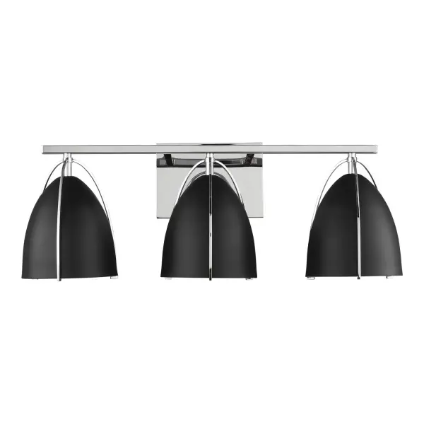 The Norman delivers shadow-free task lighting with a bold contemporary aesthetic. Chrome finish and midnight black glass create striking contrast perfect for modern bathrooms and powder rooms.