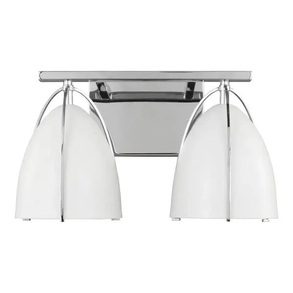 The Norman two-light vanity fixture delivers efficient LED illumination in a sleek chrome finish. Its compact 15-inch width and matte white glass shades provide balanced task lighting ideal for smaller bathrooms and powder rooms.