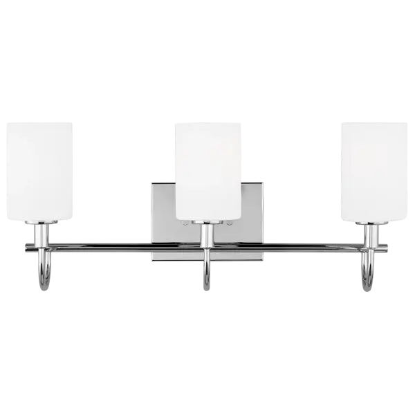 The Oak Moore three-light bath sconce combines timeless chrome finish with contemporary styling, perfect for modern bathrooms. Its triple-light configuration provides excellent illumination for vanity areas.