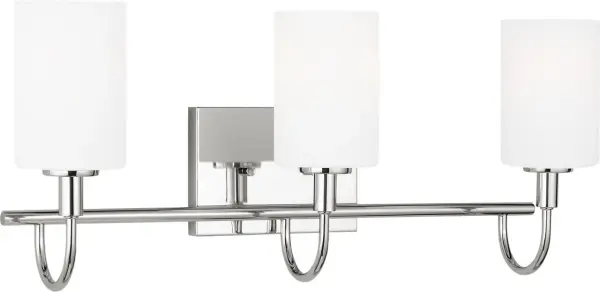The Oak Moore three-light bath sconce combines timeless design with modern chrome finish. Perfect for bathroom vanities, this fixture provides excellent illumination while adding contemporary elegance to any space. - alternate view