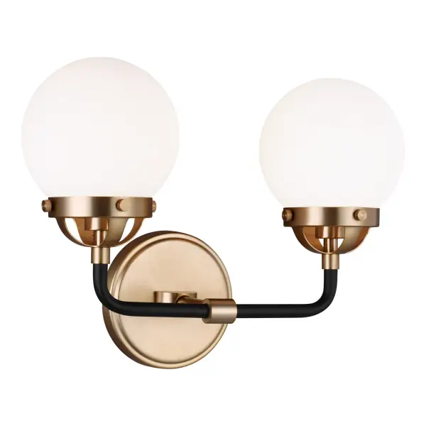 The Cafe sconce delivers sophisticated bathroom lighting with its handsome satin brass finish and etched white glass globes. Designed by Ian Fowler, this fixture provides even, shadow-free illumination ideal for grooming tasks while adding warmth to any space.