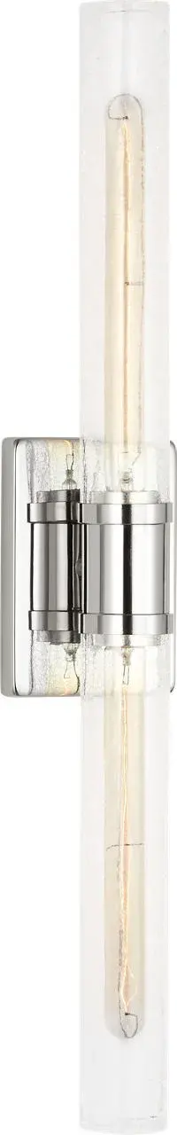 The Keaton vanity light delivers contemporary style with its clean chrome finish and distinctive crackle glass shades. Perfect for modern bathrooms seeking both function and visual interest.