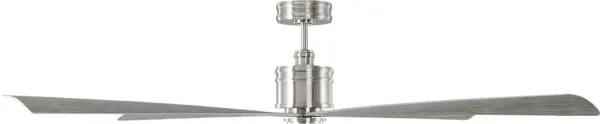 The Launceton 72" ceiling fan combines brushed steel with weathered oak blades for a sophisticated transitional look. Ideal for large spaces, it delivers powerful airflow while the integrated light provides ambient illumination. - alternate view