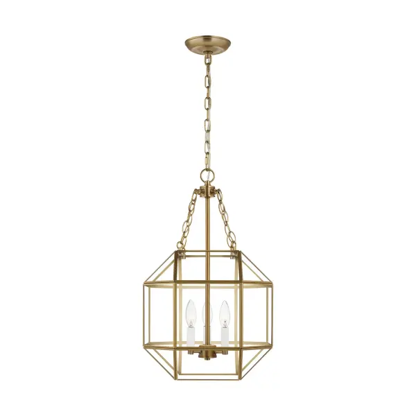 Suzanne Kasler's Morrison lantern combines classic lantern form with contemporary cube geometry. The satin brass finish and clear glass create a refined look that works across traditional and modern interiors.