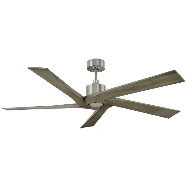The Aspen 56" ceiling fan by Sean Lavin combines minimalist design with exceptional performance, delivering 7,228 CFM airflow through a 6-speed motor. The brushed steel finish and light grey weathered oak blades create a sophisticated look that complements contemporary interiors while providing efficient air circulation.