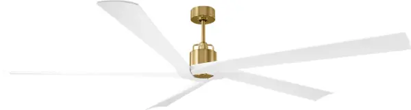 The Aspen 84" ceiling fan delivers substantial airflow for large rooms while maintaining a sleek, contemporary aesthetic. Its curved blade design and burnished brass finish create an elegant focal point. - alternate view