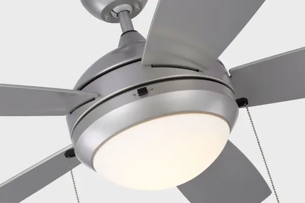 The Discus Outdoor 52" combines contemporary design with practical outdoor functionality. Its brushed steel finish and integrated LED light kit make it ideal for covered patios and porches. - alternate view