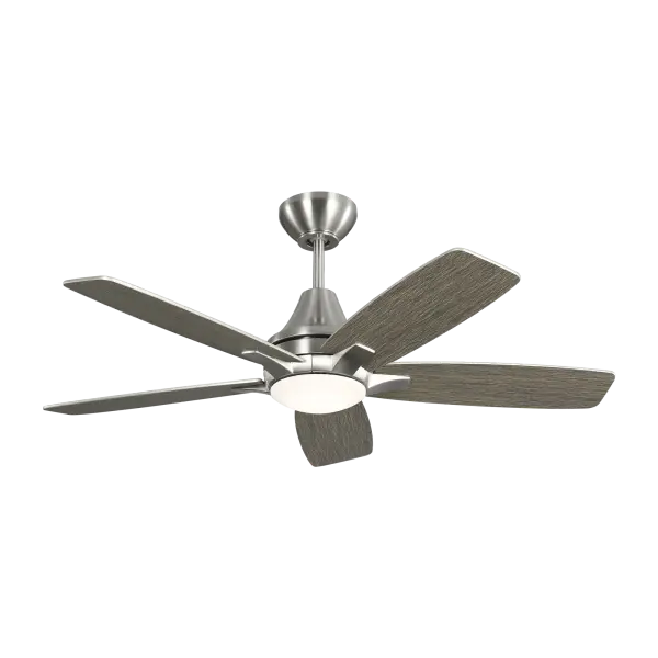 The Lowden 44" ceiling fan combines contemporary styling with practical functionality. Features reversible blades in Silver and Light Grey Weathered Oak finishes, integrated LED lighting, and a brushed steel housing.