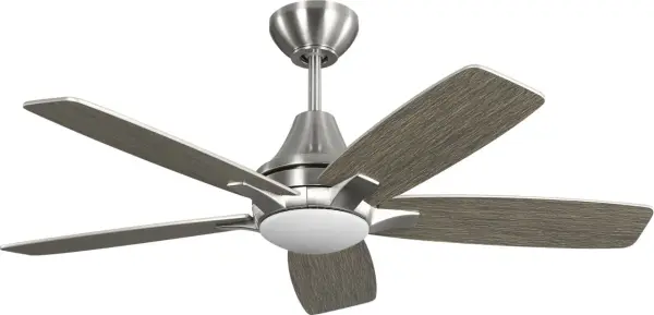 The Lowden 44" ceiling fan combines contemporary styling with practical functionality. Features reversible blades in Silver and Light Grey Weathered Oak finishes, integrated LED lighting, and a brushed steel housing. - alternate view
