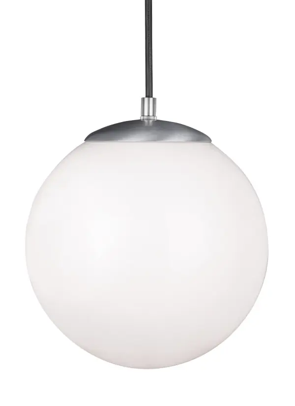 A classic 10-inch globe pendant that's been refined over 50 years. The smooth white glass diffuses light beautifully while the satin aluminum finish adds contemporary appeal. Adjustable cord and damp rating make it practical.