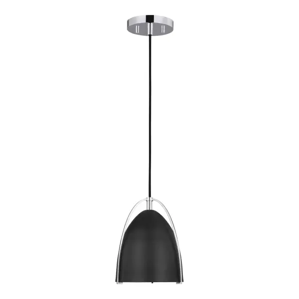 The Norman mini pendant combines polished chrome hardware with a striking midnight black glass shade for a bold contemporary look. Its compact 6.25-inch size makes it ideal for multiples over islands or as accent lighting.